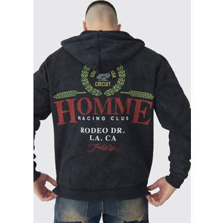 Mens Charcoal Tall Washed Racing Print Zip Through Hoodie