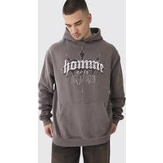 Mens Tall Oversized Washed Homme Cross Print Hoodie In Chocolate