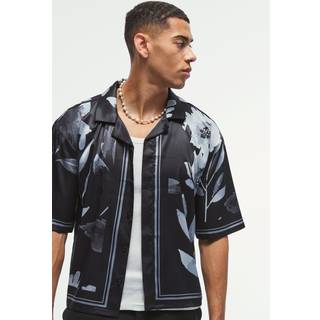 Mens Black Boxy Printed Satin Revere Short Sleeve Shirt