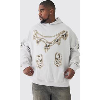 Mens Plus Cross Print Oversized Distressed Washed Hoodie in Ecru