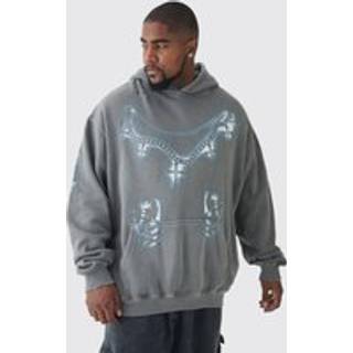 Mens Plus Cross Print Oversized Distressed Washed Hoodie in Charcoal