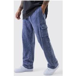 Mens Blue Straight Leg Raw Hem Cargo Loopback Joggers