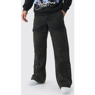 Mens Black Relaxed Flared Oil Wash Ripstop Cargo Trousers