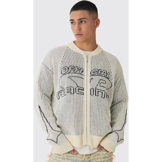 Mens Ecru Oversized Boxy Two Toned Ribbed Knitted Bomber Jacket