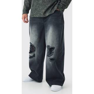 Mens Washed Black Plus Baggy Fit Super Distressed Jeans