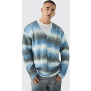Mens Light Blue Oversized Boxy OFCL Brushed Ombre Stripe Knitted Embroidered Cardigan
