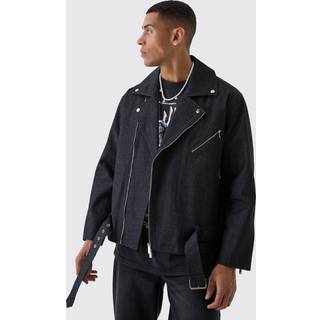 Mens Washed Black Oversized Denim Biker Jacket