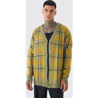 Mens Olive Tall Brushed Knit Check Drop Shoulder Cardigan