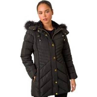 Roman Roman Black Faux Fur Hood Longline Quilted Coat