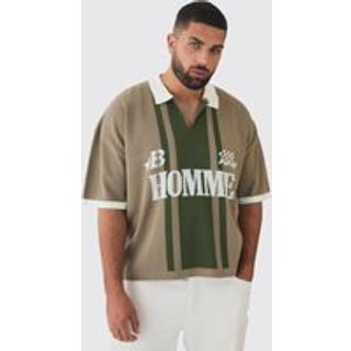 Mens Taupe Plus Oversized Boxy Football Knitted Polo Shirt