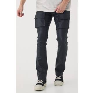Mens Black Tall PU Coated Stacked Flared Gusset Cargo Jeans