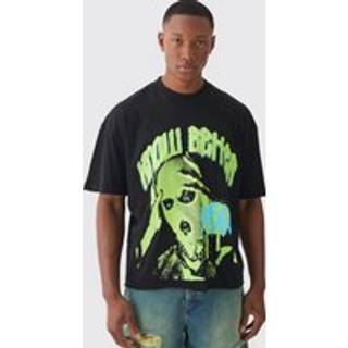 Mens Black Boxy Extended Neck Raw Hem Large Know Better Mask Print T-shirt