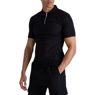 Mens Black Muscle Zip Neck Polo