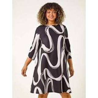 Roman Roman Black Curve Brush Print Stretch Swing Dress