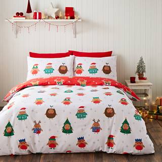 Catherine Lansfield Catherine Lansfield Red Christmas Party Robins Reversible Duvet Cover Set