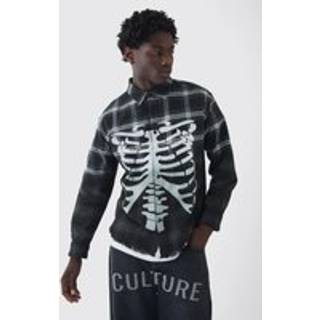 Mens Black Oversized Acid Wash Ribcage Print Check Shirt