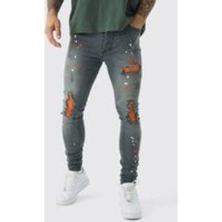 Mens Light Grey Super Skinny Stretch Biker Rip & Repair Paint Splat Jeans