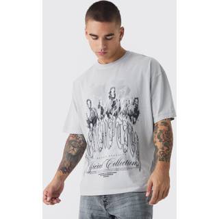 Mens Grey Marl Oversized Boxy Washed Storm Print T-Shirt