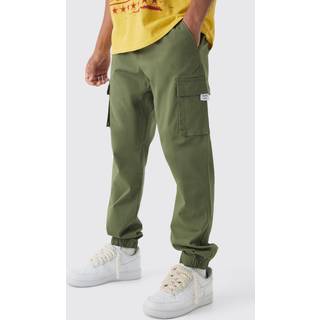 Mens Khaki Slim Fit Elasticated Waist Woven Tab Cuffed Cargo Trousers