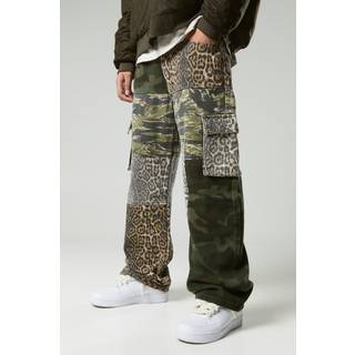 Mens Khaki Baggy Fit Camo Leopard Patchwork Trousers