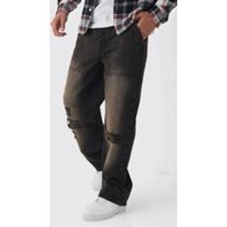 Mens Dark Brown Relaxed Rigid Dirty Wash Ripped Carpenter Denim Jeans
