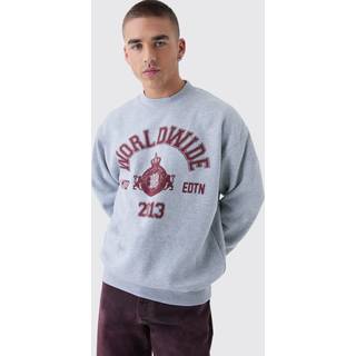 Mens Grey Marl Oversized Slogan Varsity Print Crew Neck Sweatshirt