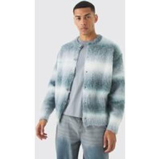 Mens Light Grey Relaxed Brushed Ombre Stripe Knitted Bomber Jacket