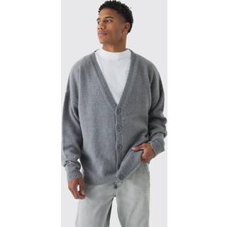 Mens Grey Brushed Knit Oversized Drop Shoulder Cardigan