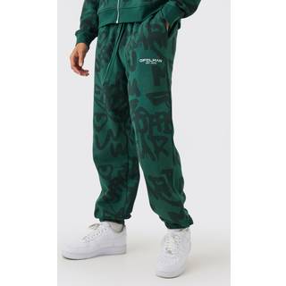 Mens Dark Green Oversized All Over Graffiti Printed Joggers