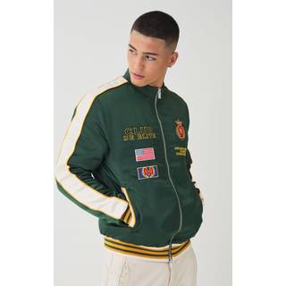 Mens Green Official Embroidered Satin Padded Bomber Jacket