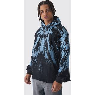 Mens Black Oversized Loopback Printed Raw Edge Hoodie
