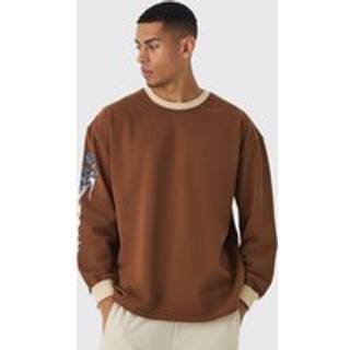 Mens Brown Oversized Heavyweight Graphic Panther Long Sleeve T-Shirt