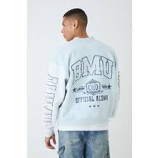 Mens Light Blue Oversized Boxy Varsity Applique Jersey Bomber Jacket