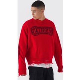 Mens Red Oversized Crew Neck Homme Distressed Cross Knitted Jumper