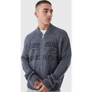 Mens Charcoal Oversized Boxy Two Toned Ribbed Knitted Bomber Jacket