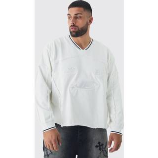 Mens White Plus Oversized Boxy Embroidered Sports Rib Sweatshirt