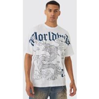Mens White Oversized Boxy Extended Neck Over Seams Print T-Shirt