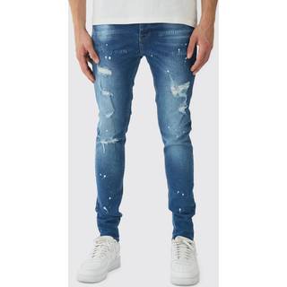 Mens Dark Blue Skinny Stretch Rip & Repair Paint Splatter Jeans