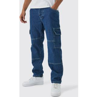 Mens Mid Blue Relaxed Fit Contrast Stitch Cargo Jeans