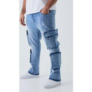 Mens Mid Wash Plus Raw Seam Detail Stretch Skinny Ripped Cargo Flared Jeans