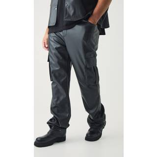 Mens Black Plus PU Cargo Stacked Flared Trousers