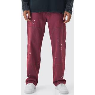 Mens Red Relaxed Rigid Carpenter Paint Splatter Denim Jeans