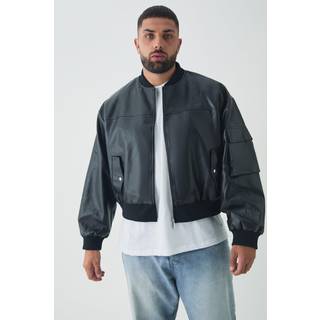 Mens Black Plus PU Boxy Oversized Cargo Bomber Jacket