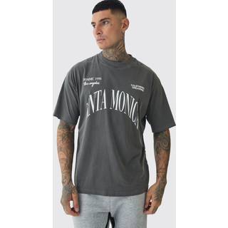 Mens Charcoal Tall Oversized Acid Wash Santa Monica Varsity Print T-shirt
