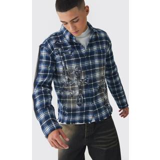 Mens Blue Oversized Boxy Cross Applique Check Shirt