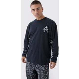 Mens Black Oversized Cross Print Long Sleeve Print T-Shirt