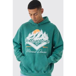 Mens Forest Oversized Yellowstone Mountain Graphic Washed Hoodie