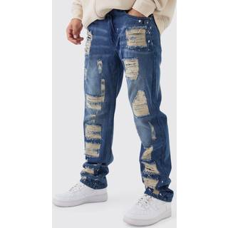 Mens Vintage Blue Straight Leg Ripped Paint Splatter Jeans