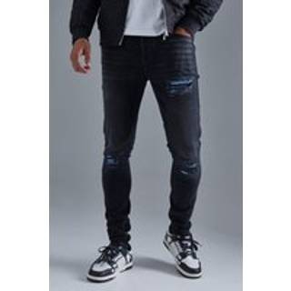 Mens Skinny Stretch True Black Pu Biker Rip & Repair Jeans