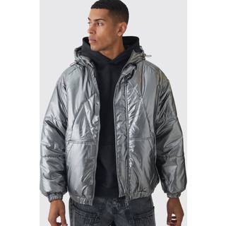 Mens Oversized Metallic Hooded Puffer In Charcoal